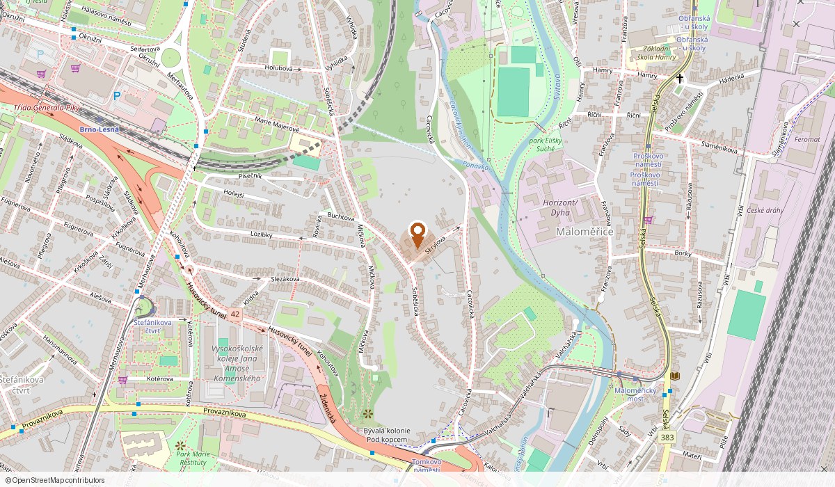 Mapa s vyznačenou adresou Skryjova 1606/8, 614 00 Brno - Husovice